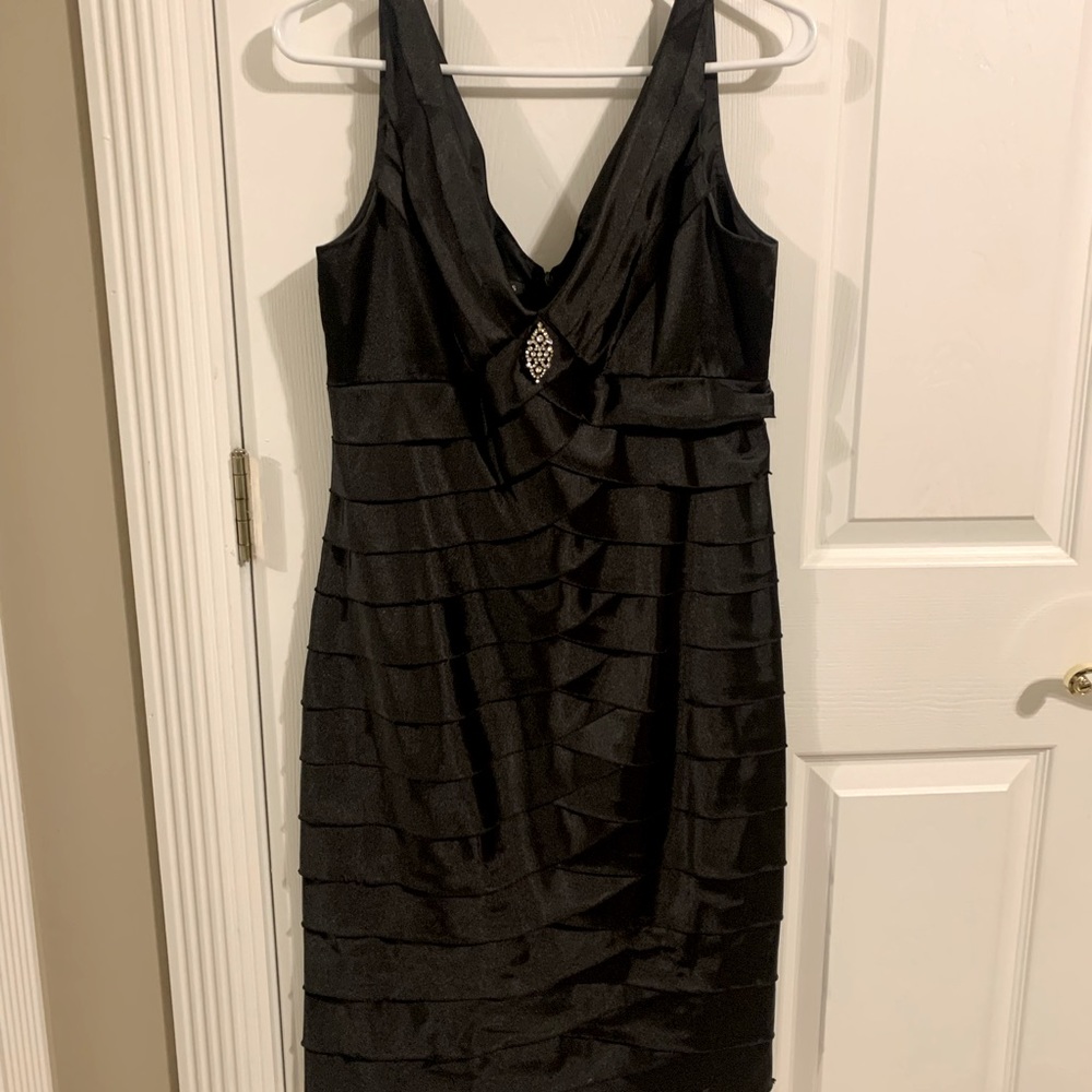 Jones Wear Dress, Black Satin Tiered Cocktail Dress